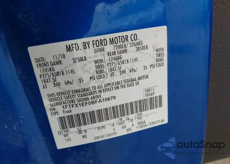 2011 Ford F-150 Xlt из США, поврежденный, VIN 1FTFX1EF0BFA10679